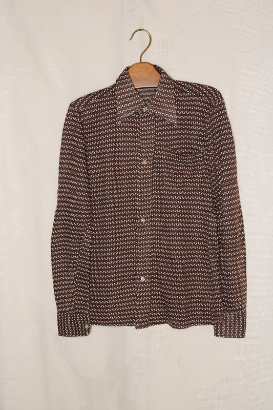 70s Brown patterned stretchy dagger collar shirt