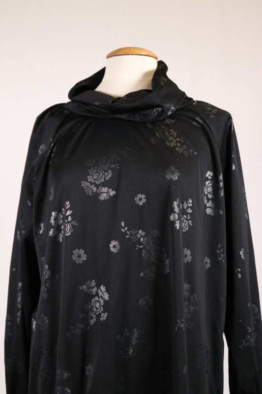 70s black dress with floral print and flowy turtleneck
