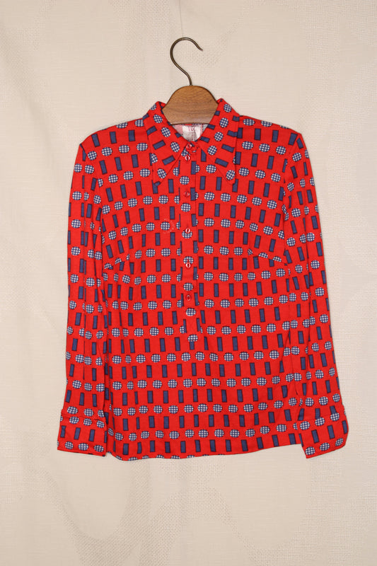70s red blouse with funky blue pattern
