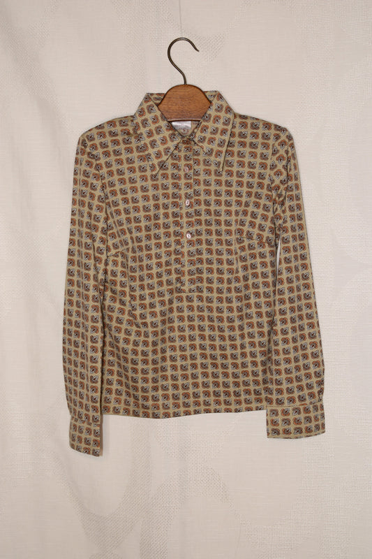 70s Taupe funky patterned blouse