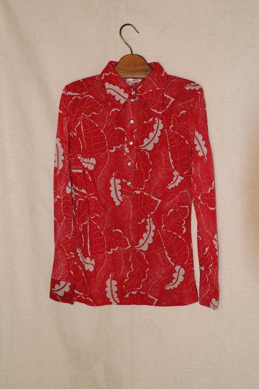 70s red blouse with  white floral pattern