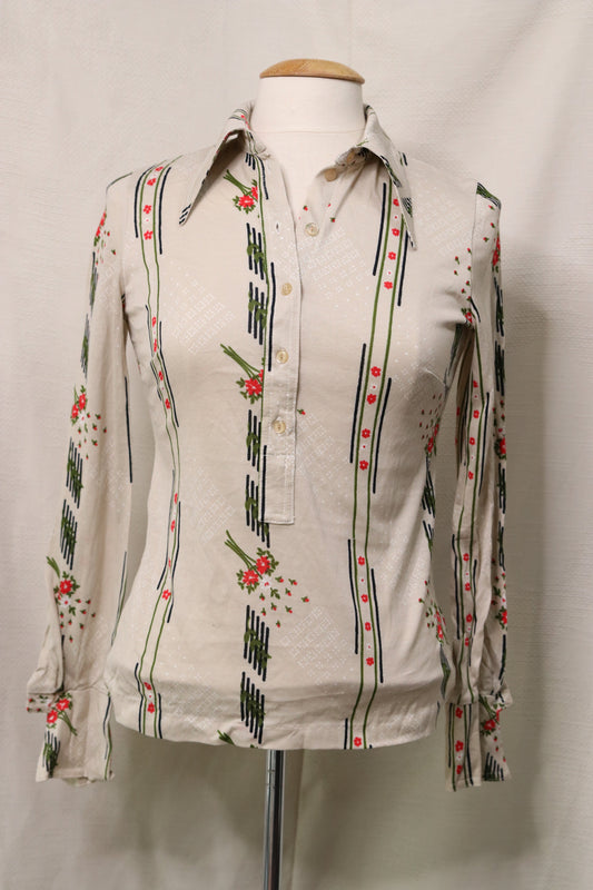 70s white floral line patterned dagger collar blouse