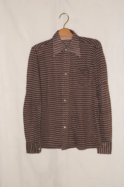 70s Brown patterned stretchy dagger collar shirt