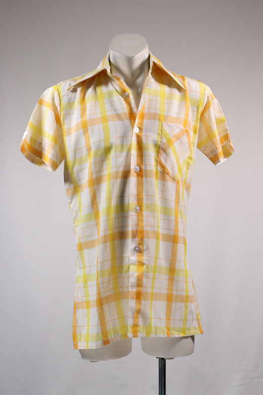 70s yellow grid patterned dagger collar shirt