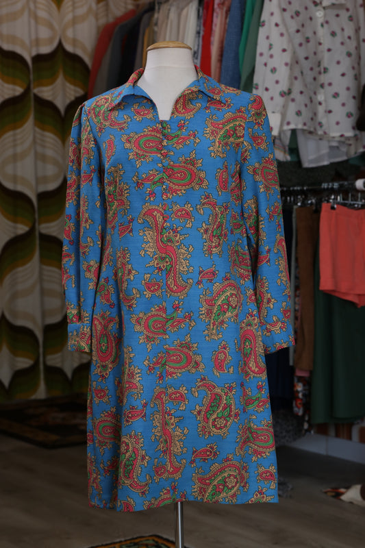 70s blue dress with paisley pattern