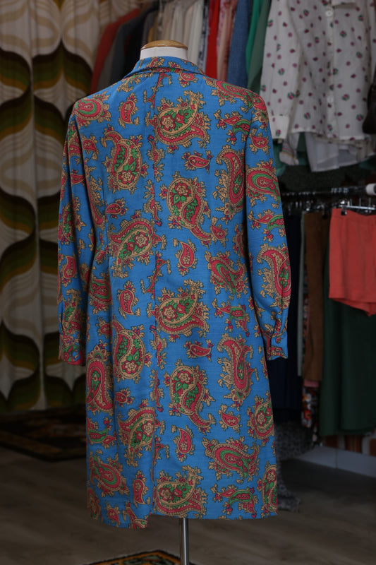 70s blue dress with paisley pattern