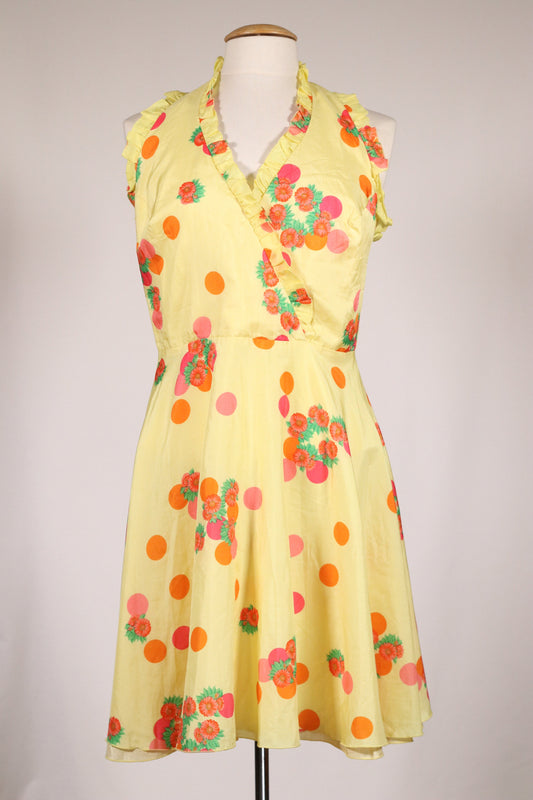 70s yellow with red flower pattern dress