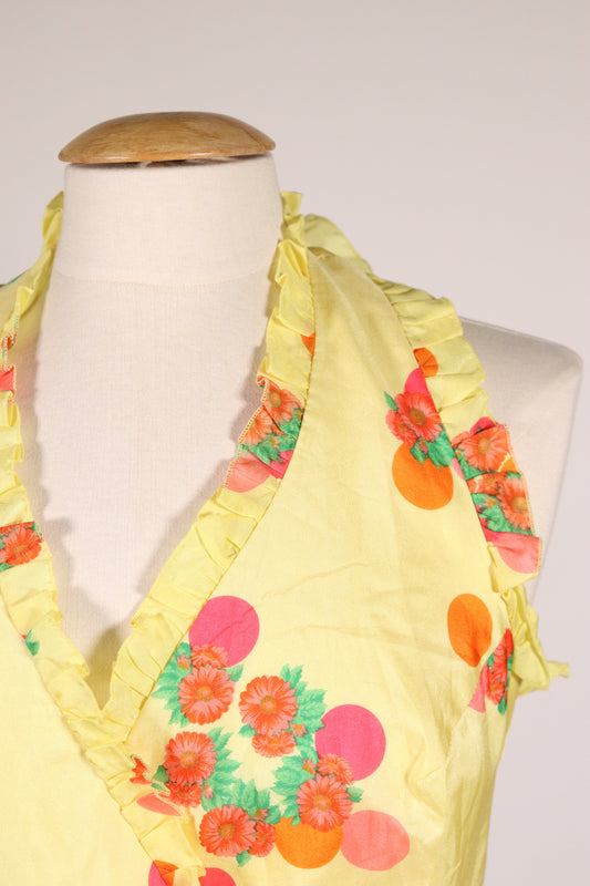 70s yellow with red flower pattern dress