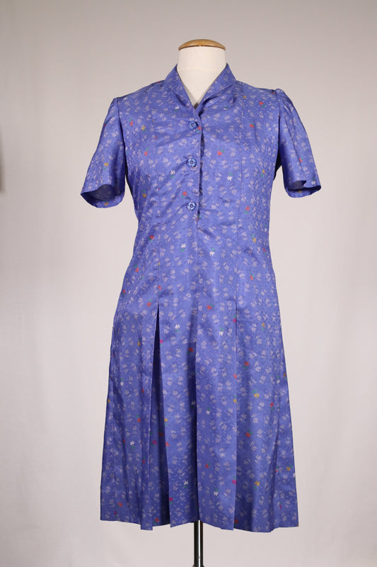 70s blue dress with floral pattern