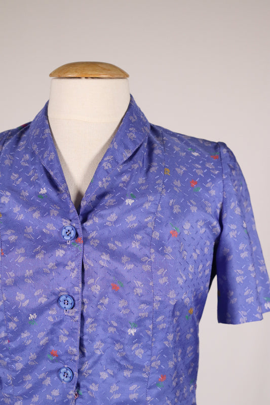 70s blue dress with floral pattern
