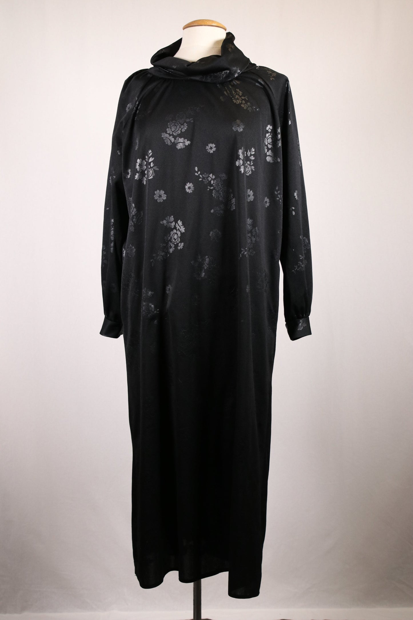 70s black dress with floral print and flowy turtleneck