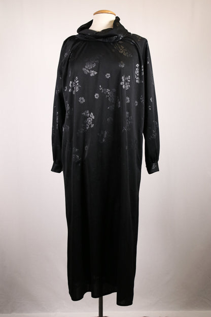 70s black dress with floral print and flowy turtleneck