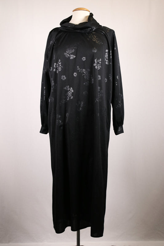 70s black dress with floral print and flowy turtleneck