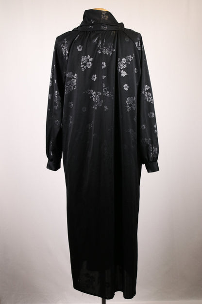 70s black dress with floral print and flowy turtleneck