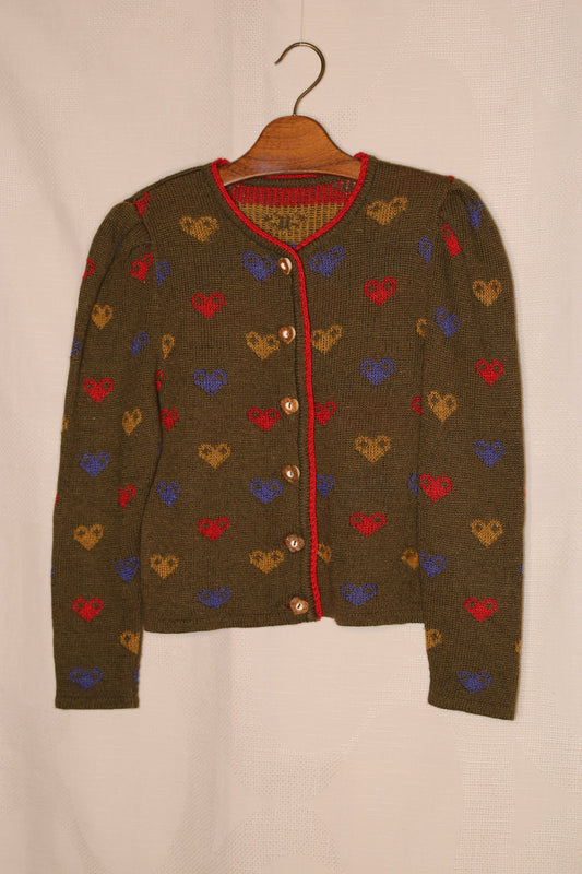 Unique 80s green sweater with patterned hearts