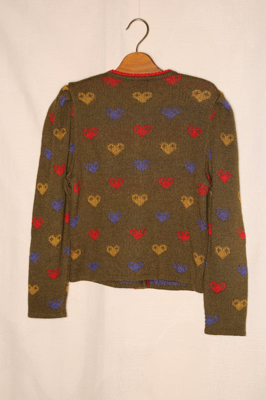 Unique 80s green sweater with patterned hearts