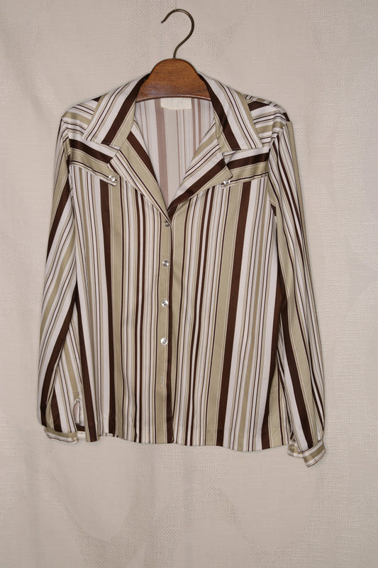 80s White striped blouse with beige and brown