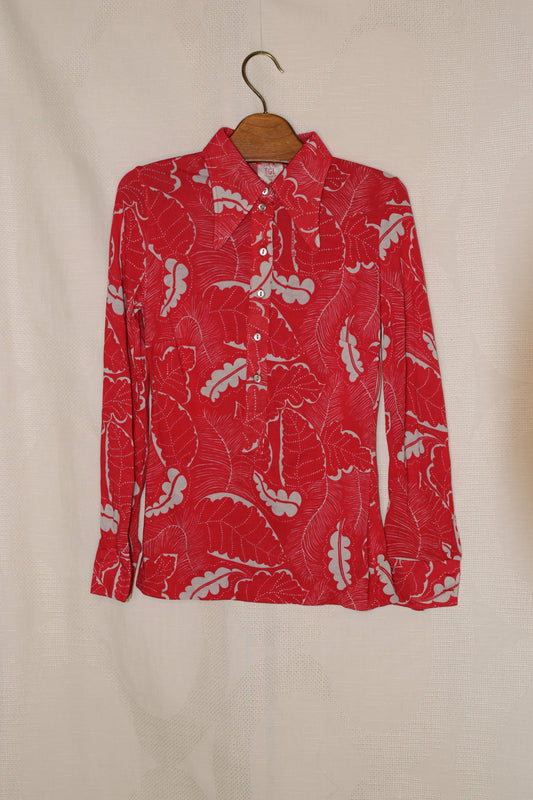 70s red blouse with floral pattern