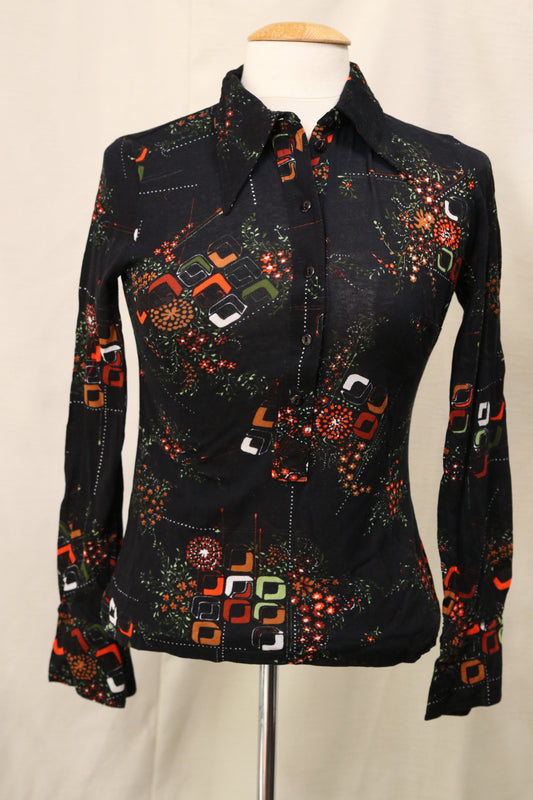 70s geometric floral patterned blouse