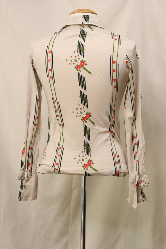 70s white floral line patterned dagger collar blouse