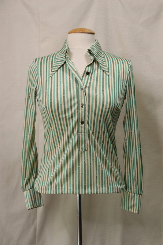 70s green stripe patterned blouse
