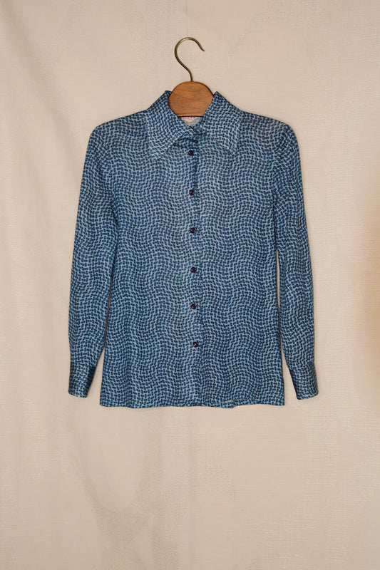 70s blue patterned blouse