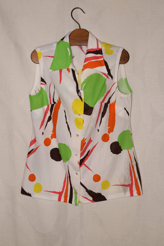 70s Crazy multi-colour pattern dagger collar blouse